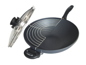 Swiss Diamond 12.5" 5.3Qt Wok HD Nonstick Diamond Coated Aluminum Wok, Includes Lid & Tempura Rack, Dishwasher/Oven Safe, Grey