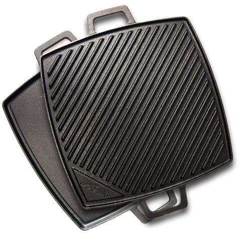Bayou Classic 7444 10.5-in Cast Iron Reversible Square Griddle Features Flat Side and Ribbed Grill Side Perfect for Large Batch Breakfast Burgers and Grilled Sandwiches Steaks and Chicken