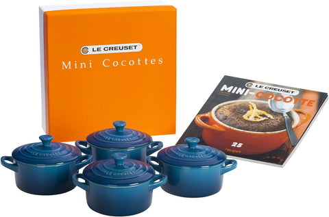 Le Creuset Stoneware Set of 4 Mini Cocottes with Cookbook, 8 oz. each, Marseille