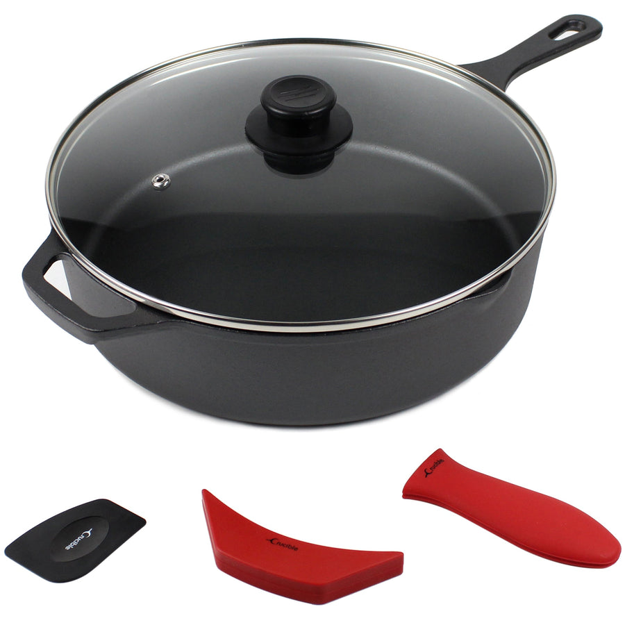 Crucible Cookware 12-Inch Cast Iron Skillet Set (Pre-Seasoned - EXTRA DEEP Sauté Pan), Including Large & Assist Silicone Hot Handle Holders, Glass Lid, Scraper | Indoor & Outdoor Use